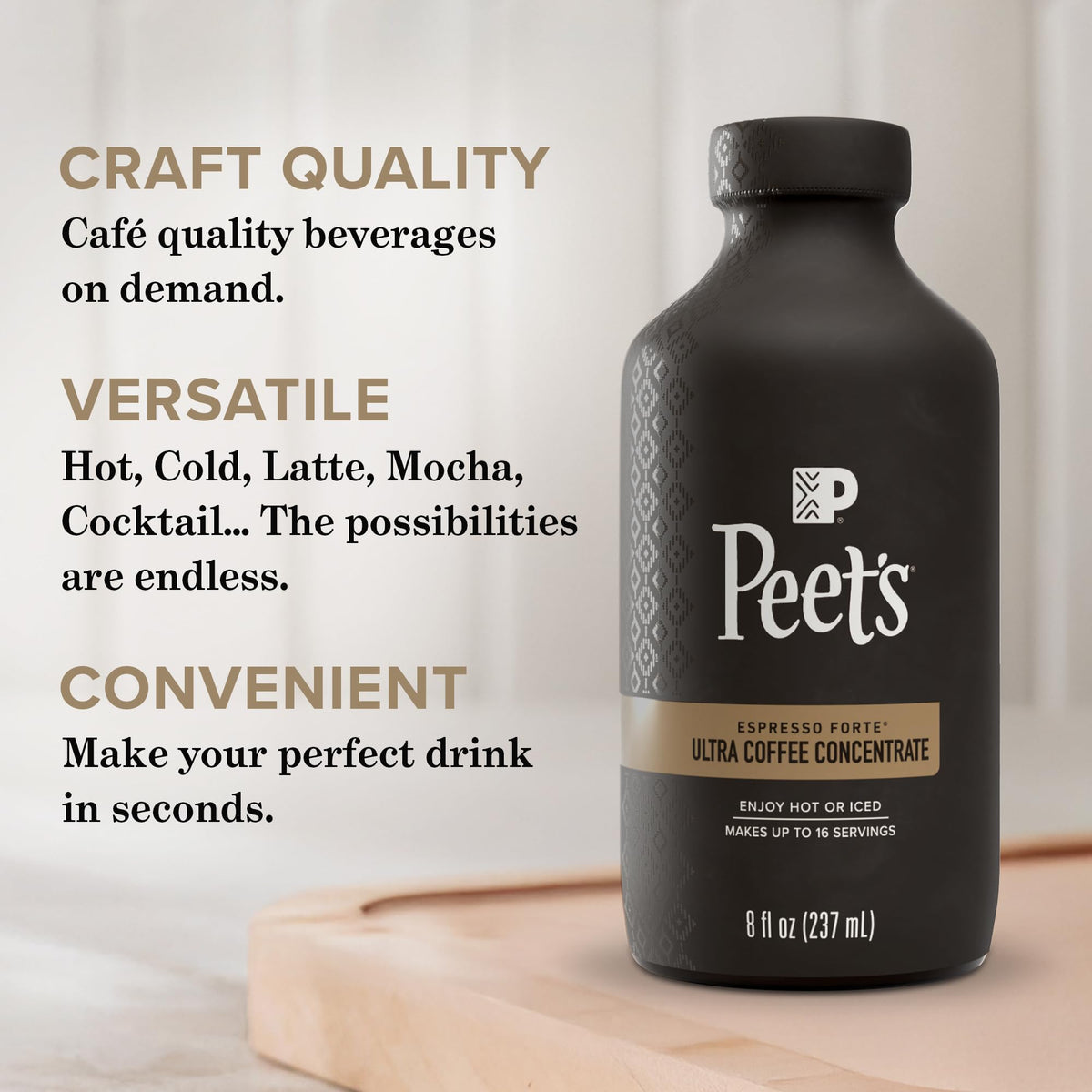 Glass of iced Peet's Ultra Coffee Concentrate, showcasing a refreshing flavor.