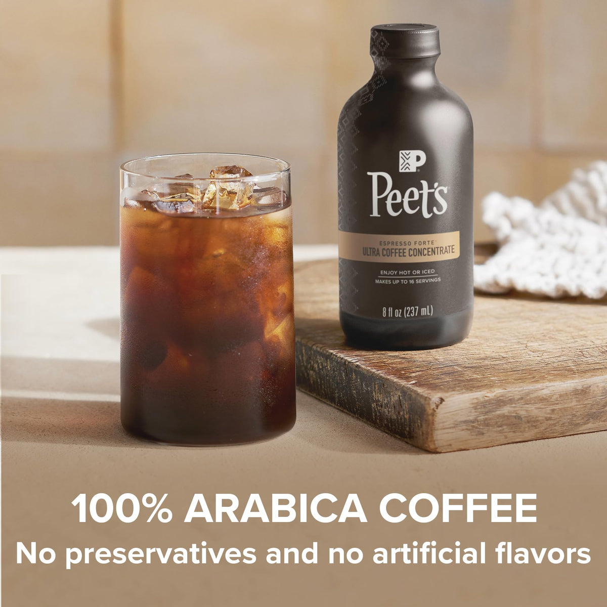 8 oz Peet's Ultra Coffee Concentrate bottle label highlighting 16 servings per bottle.