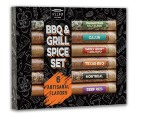 Pelto BBQ Spice Set gift box with six blends for backyard grilling enthusiasts.
