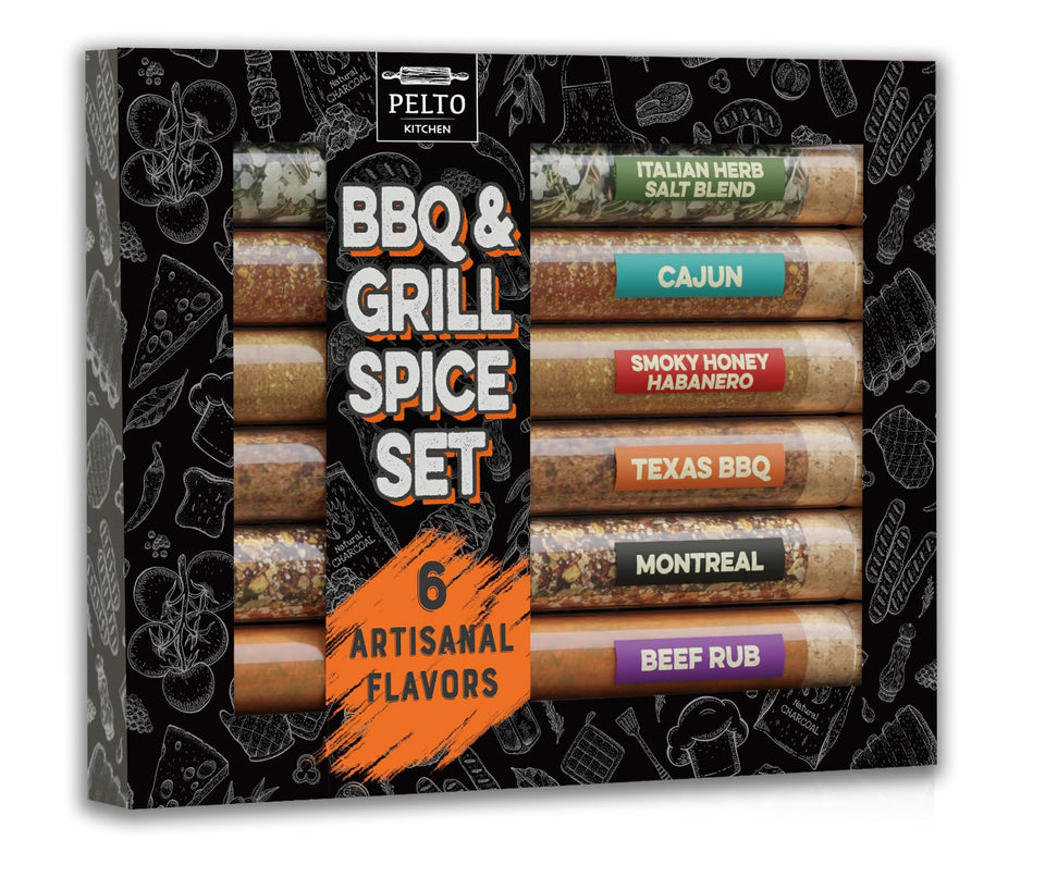 Pelto BBQ Spice Set gift box with six blends for backyard grilling enthusiasts.