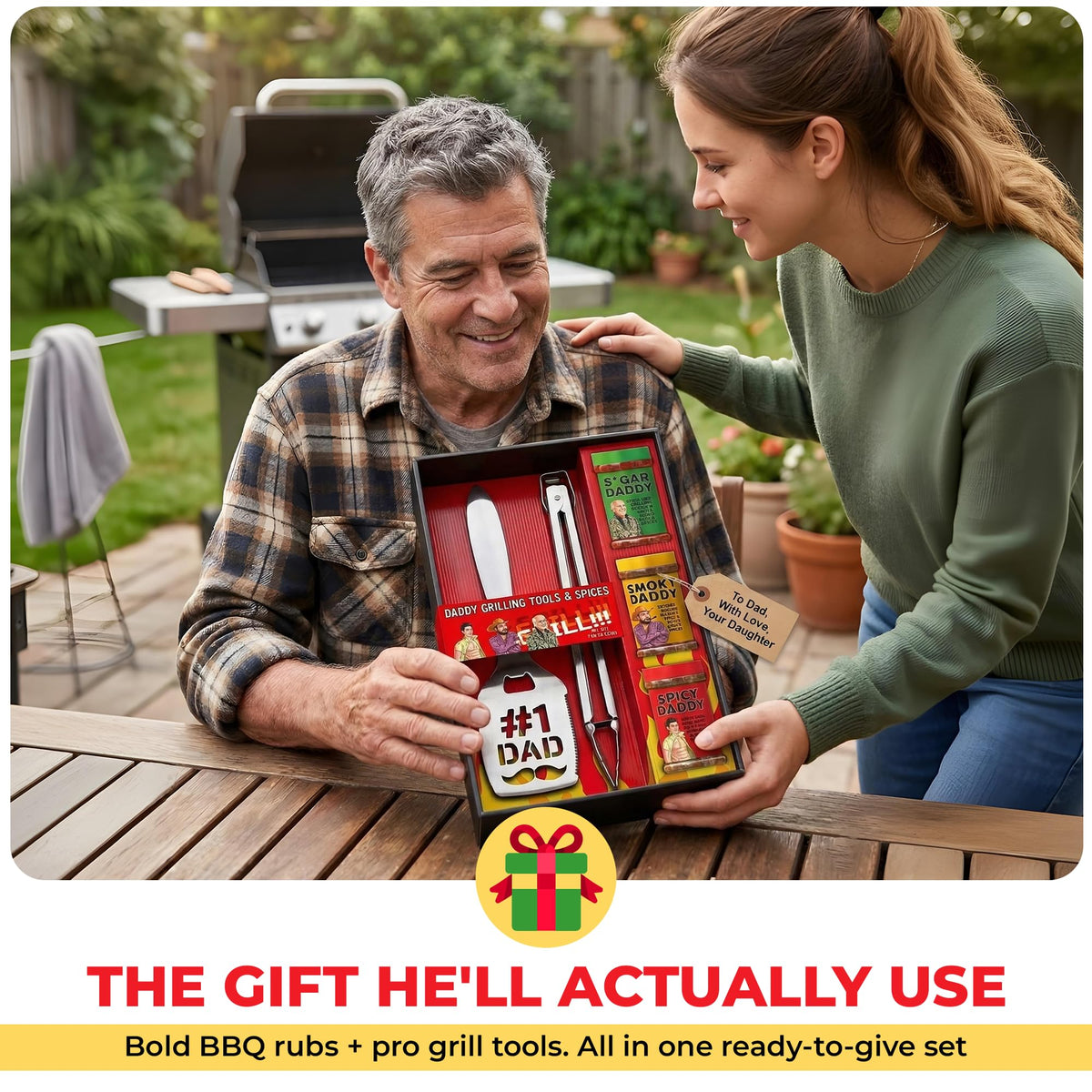 Pelto Dad BBQ Gift Set Sweet Rub bottle shown for caramelized ribs.