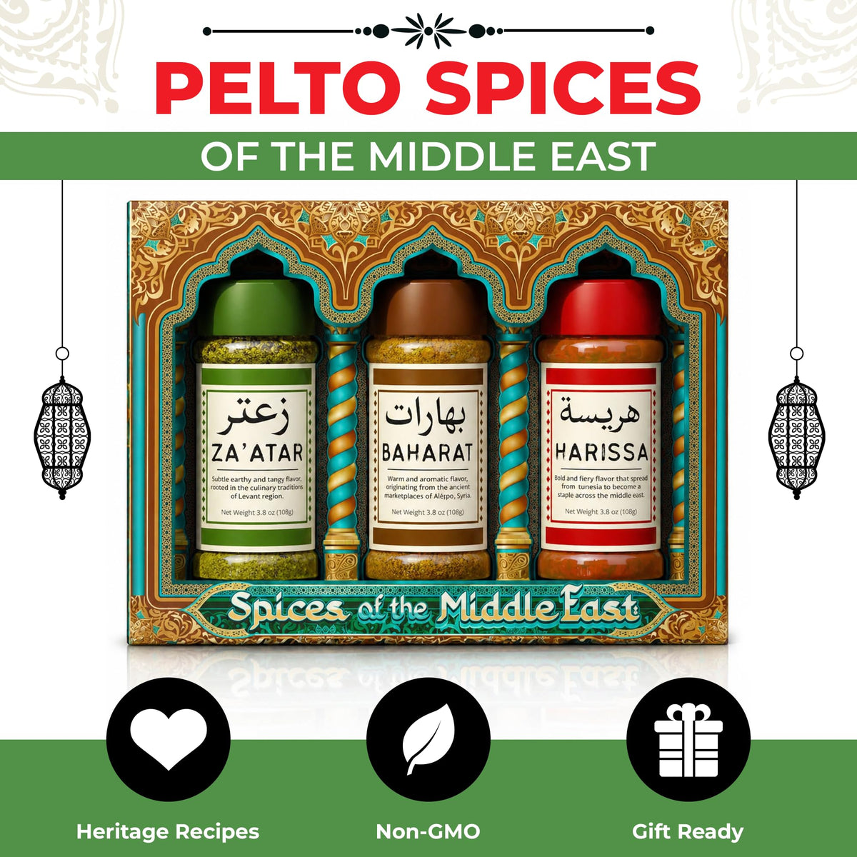Pelto Harissa jar; smoky medium-heat flavor ideal for marinades and dips.