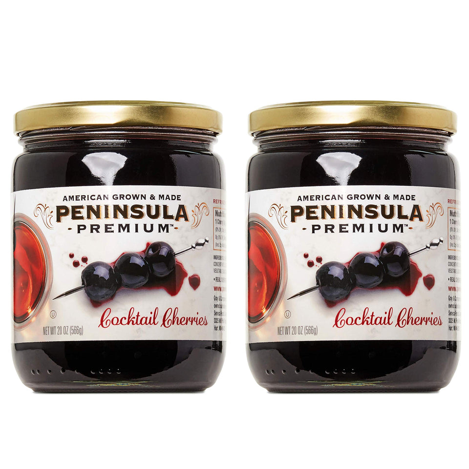 Peninsula Premium Cocktail Cherries bottle pour highlights silky syrup ideal for martinis