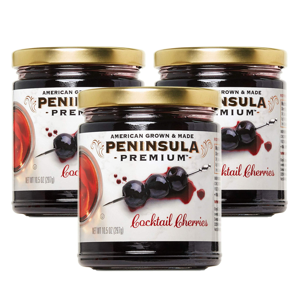 Peninsula Premium Cocktail Cherries bottle with deep burgundy fruit for luxe cocktails.