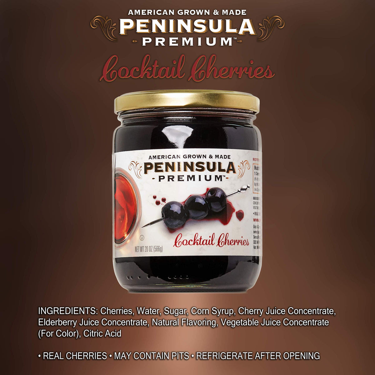 Peninsula Premium Cocktail Cherries closeup reveals deep burgundy cherries with natural color