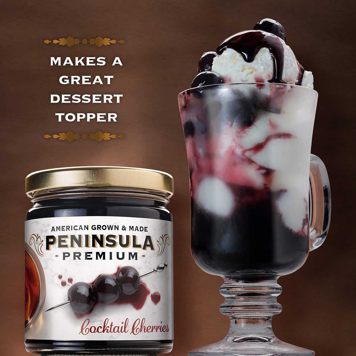 Peninsula Premium Cocktail Cherries three-pack on counter, highlighting American made packaging.