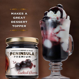 Peninsula Premium Cocktail Cherries three-pack on counter, highlighting American made packaging.