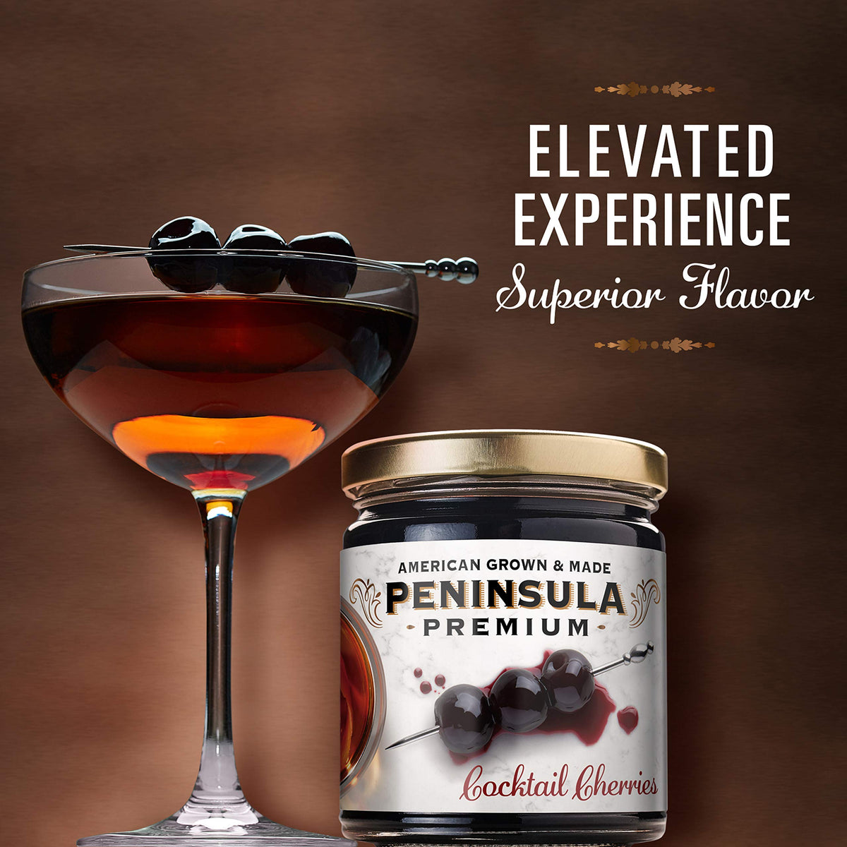 Peninsula Premium Cocktail Cherries Manhattan setup on a stylish bar