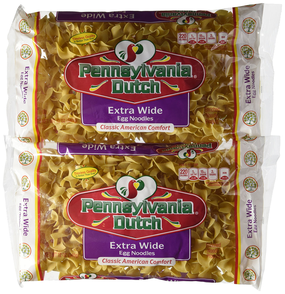 Pennsylvania Dutch extra broad egg noodles in a two-bag package, ideal for hearty weeknight meals