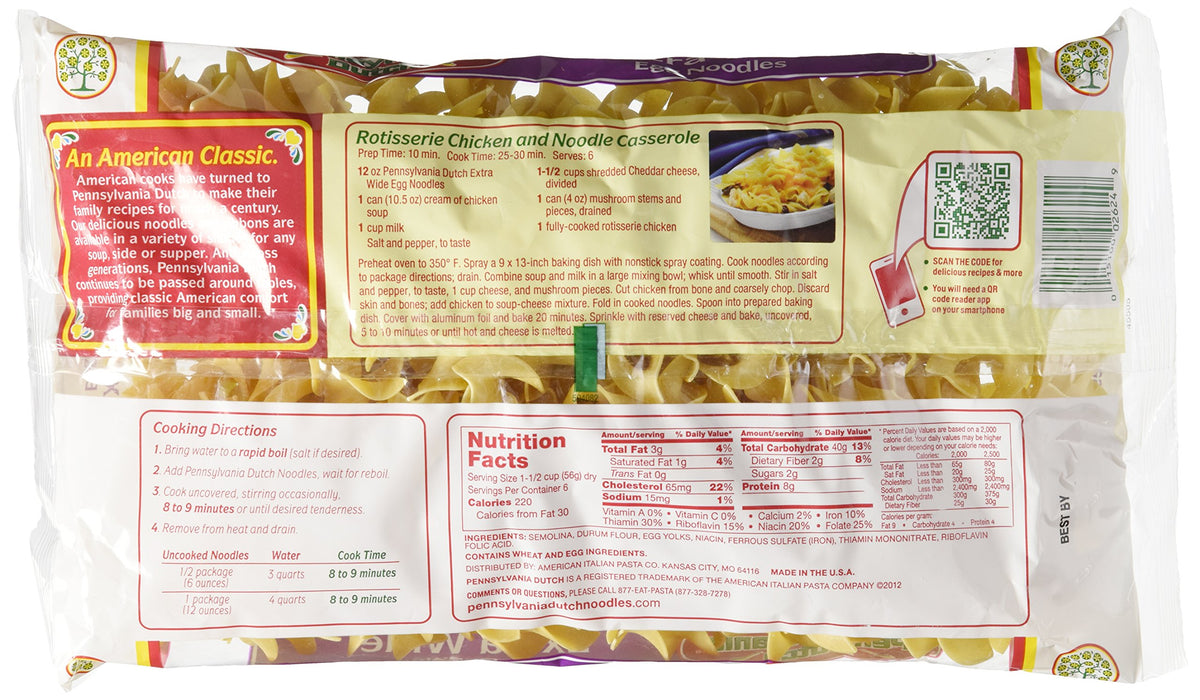 Pennsylvania Dutch extra broad egg noodles, uncooked display, great for cozy pasta dishes