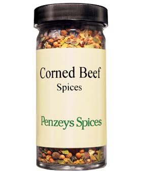 Penzeys Corned Beef Spices jar closeup for brisket marinade and enhanced flavor.