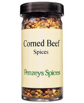 Penzeys Corned Beef Spices packaging closeup ideal for brisket prep.