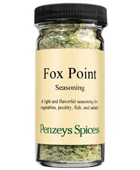 Penzeys Fox Point Seasoning jar adds bold flavor to fish and vegetables.