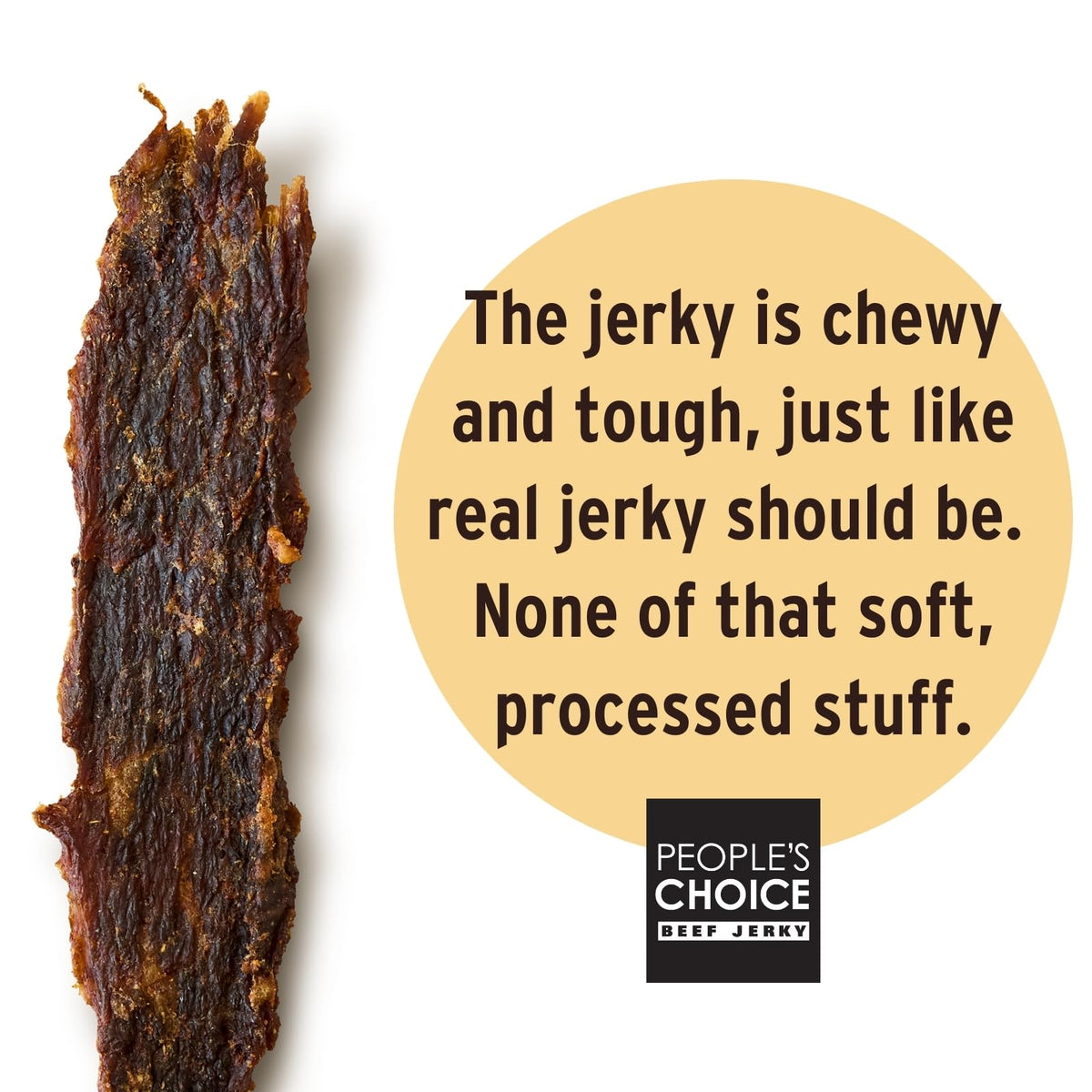 Close-up of air-dried thick-sliced jerky texture from People's Choice Beef Jerky.