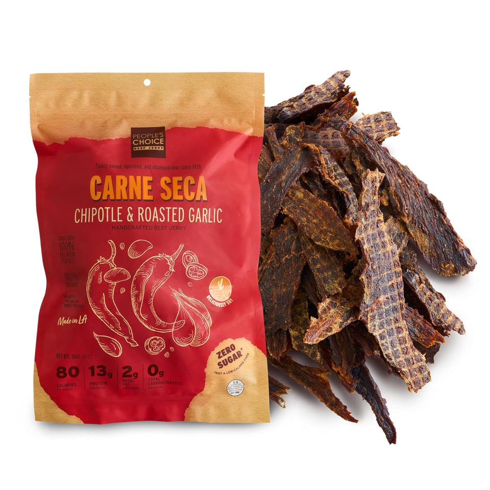 People's Choice Beef Jerky chipotle roasted garlic 16oz — bold, smoky flavor for on-the-go snacking.