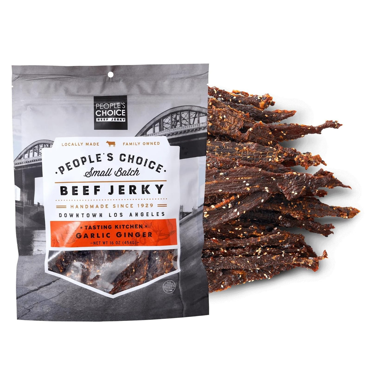 People's Choice Beef Jerky garlic-ginger flavor highlights bold taste and on-the-go protein.