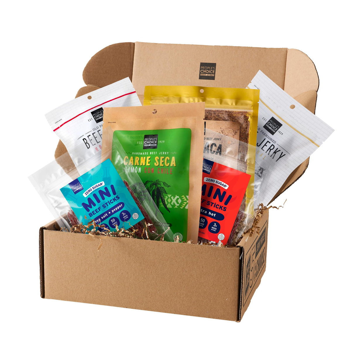 People’s Choice Beef Jerky Health Nut Box shows a six-item sampler for clean snacking.