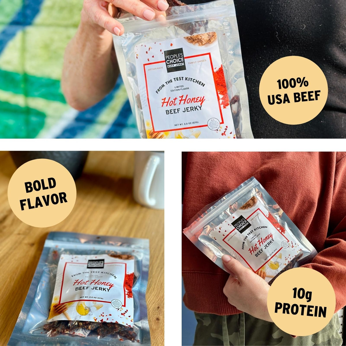 People's Choice Beef Jerky Hot Honey packaging highlights USA-made quality.