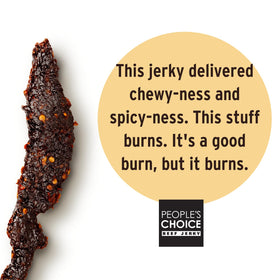 People's Choice Beef Jerky Hot Honey slice close-up showing tender texture.