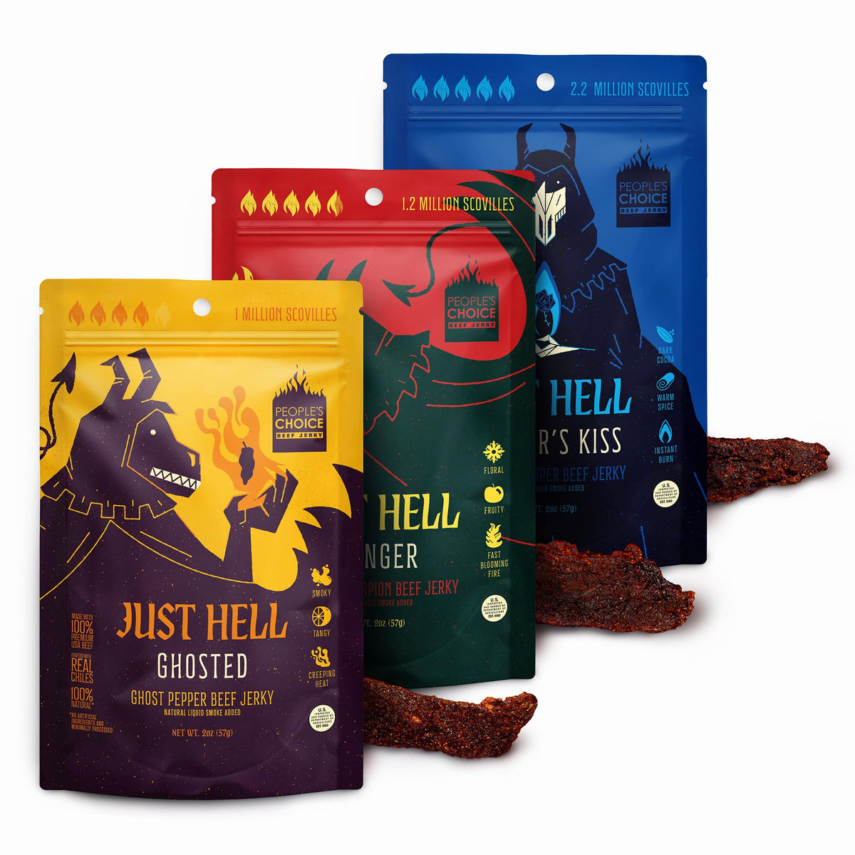 People's Choice Beef Jerky Just Hell Spicy Ghost Pepper pack for heat seekers.