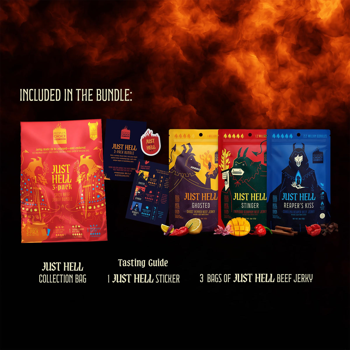 People's Choice Beef Jerky Just Hell Spicy Scorpion pack with fruity heat.