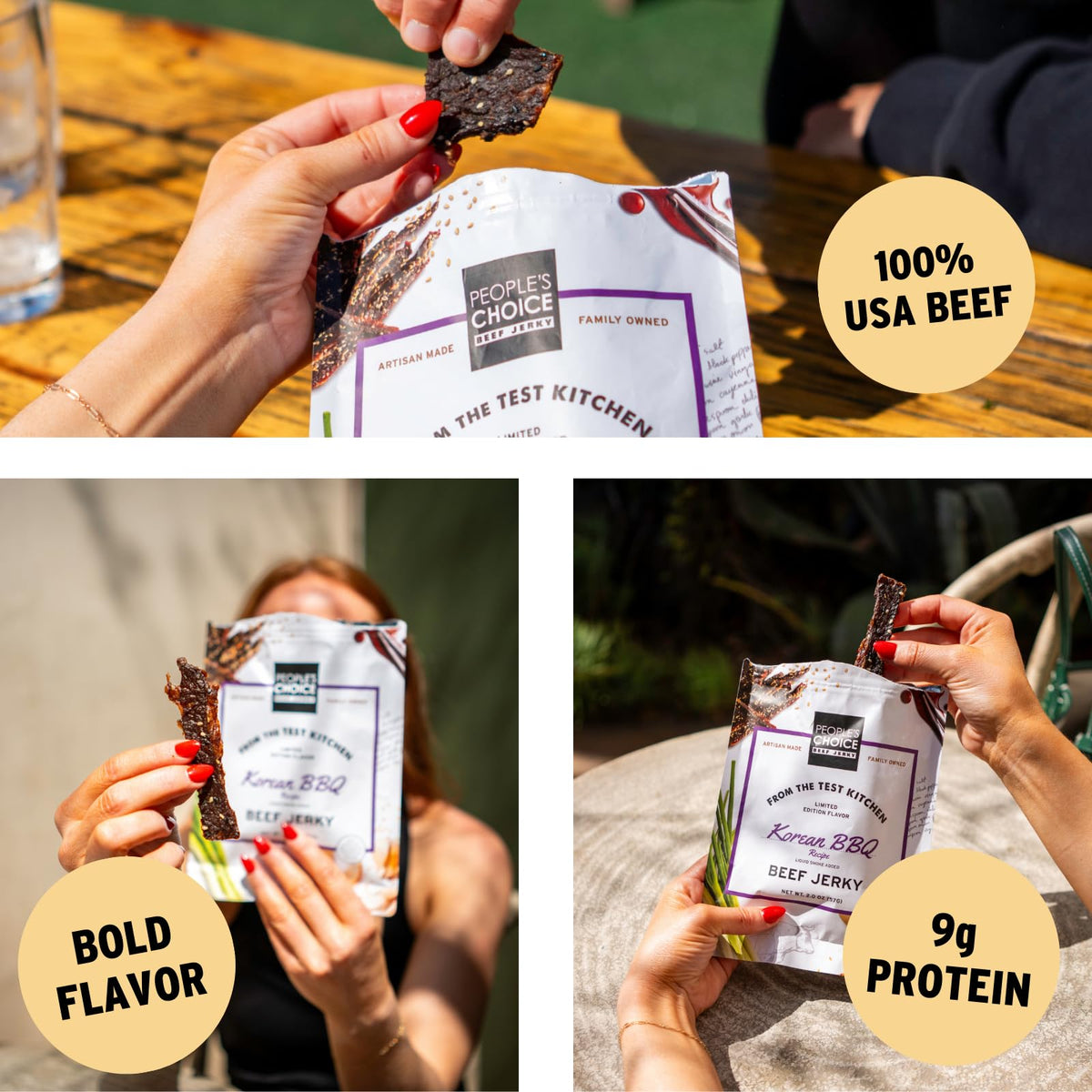 People's Choice Beef Jerky Korean BBQ ingredients-wide highlights USA-made beef and traditional seasonings.