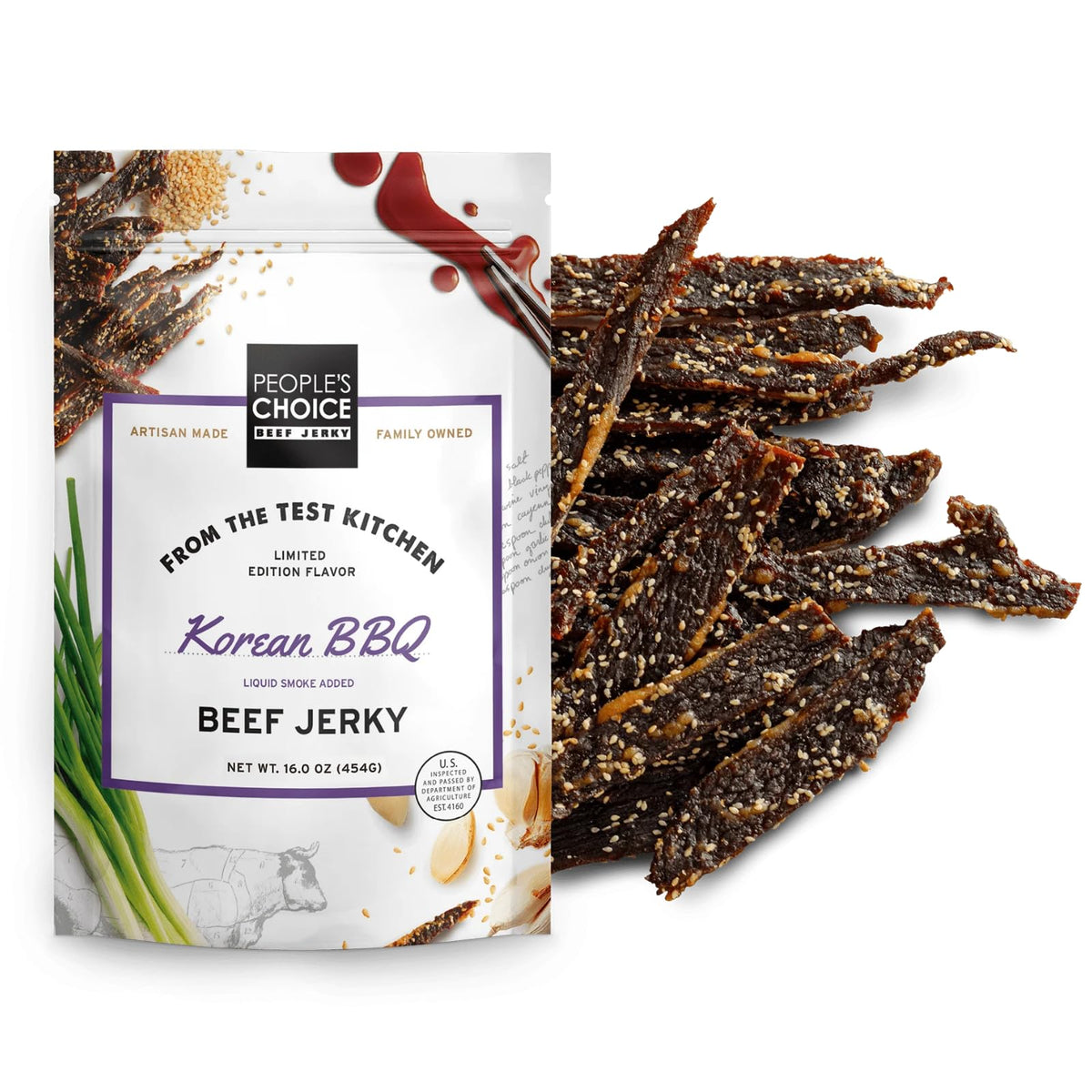 People's Choice Beef Jerky Korean BBQ pack-shot highlights bold flavor and on-the-go protein.