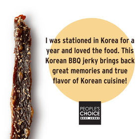 People's Choice Beef Jerky Korean BBQ texture-closeup showcases tender, whole-muscle chew for savory snacking.
