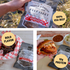 People's Choice Beef Jerky Nashville Hot adventure scene with campfire and backpack