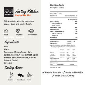 People's Choice Beef Jerky Nashville Hot nutrition label highlighting 10g protein per serving