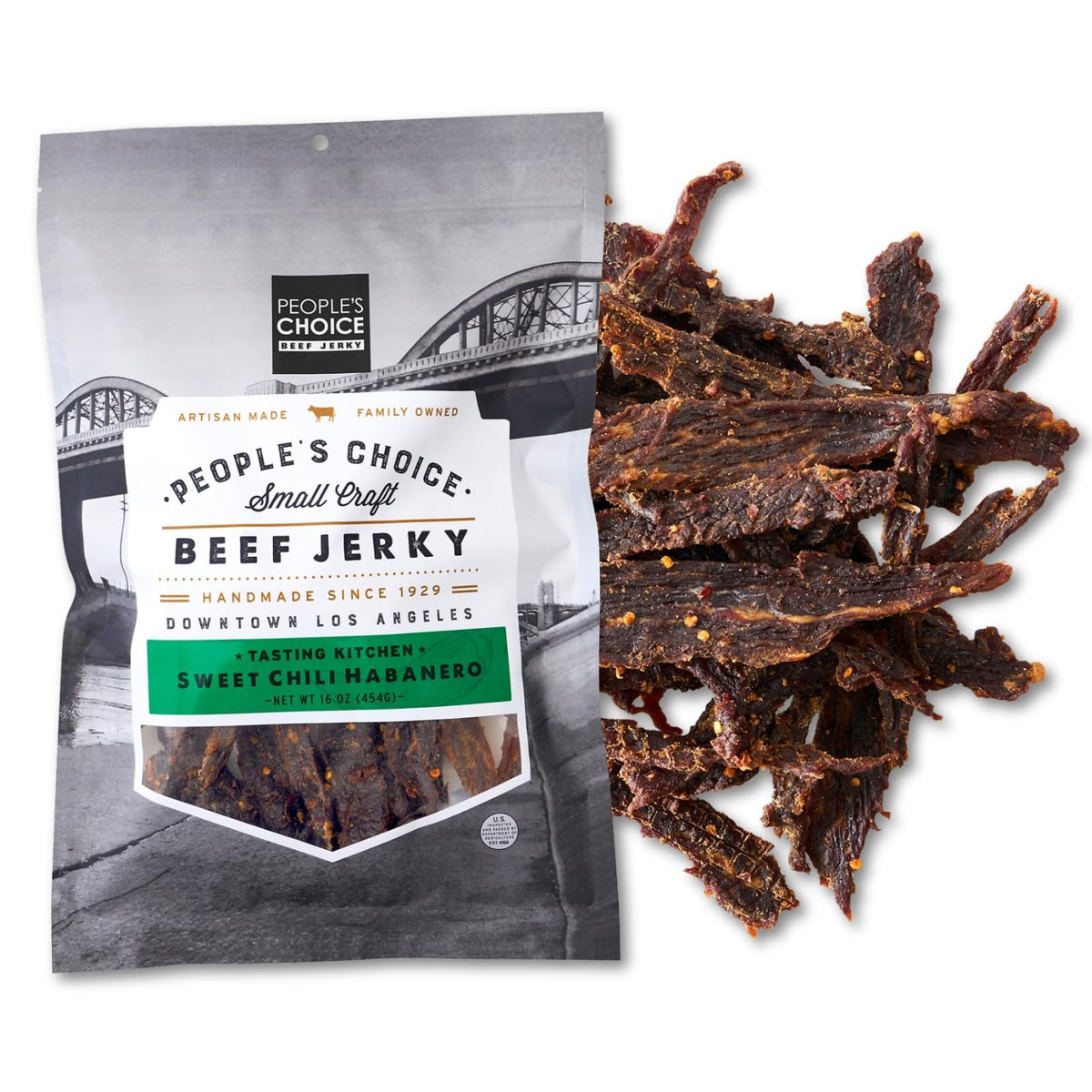 People's Choice Beef Jerky Sweet Chili Habanero bag with glossy glaze for bold flavor.