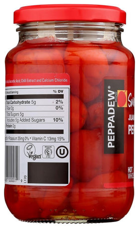 Packaging label close-up of Peppadew Hot Peppers bundle.