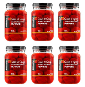 Peppadew Mild peppers in a front jar, ideal for salads.