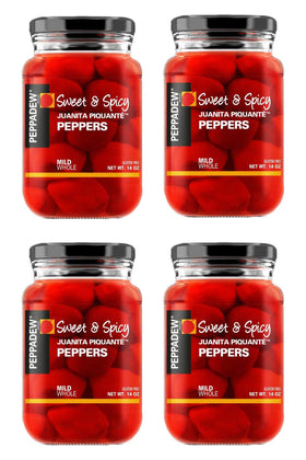 Peppadew sweet and mild Juanita peppers in a jar for convenient snacking.