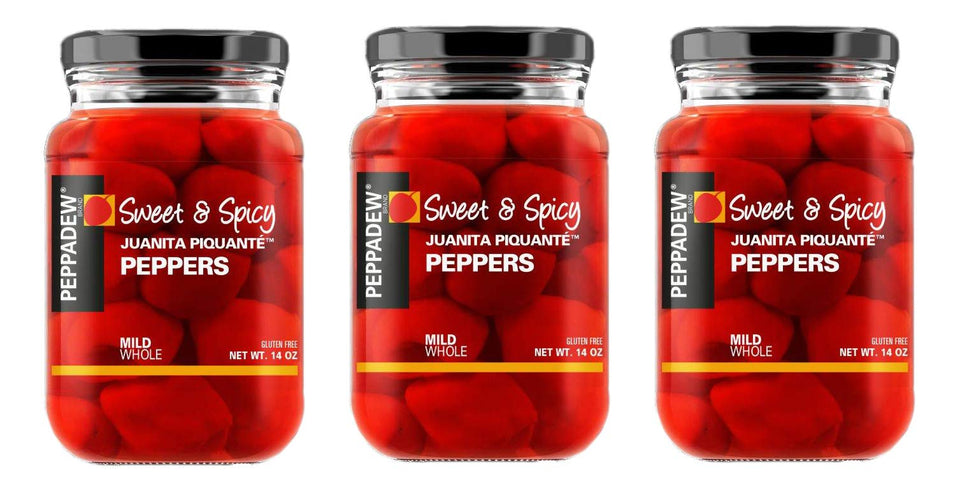 PEPPADEW Sweet Piquant Peppers jar front, vibrant color for savory snacking.