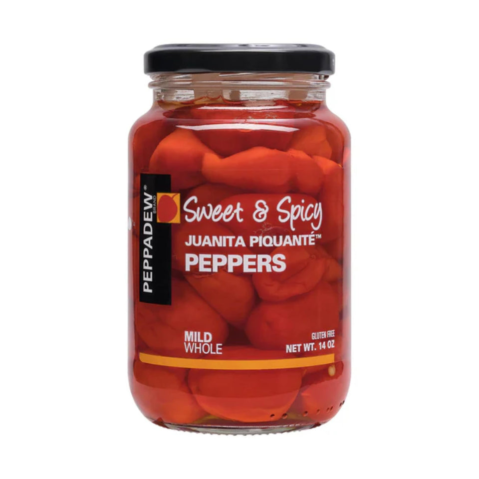 Peppadew whole piquant peppers mild in a jar, ideal for snacking and salads.
