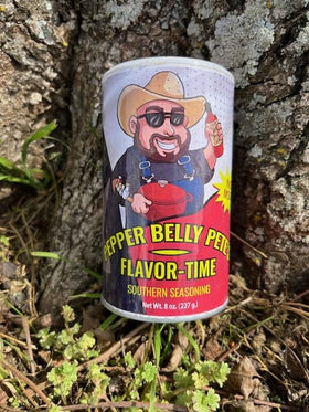 Close-up of Pepper Belly Pete’s Flavor-Time jar highlighting premium spice blend.
