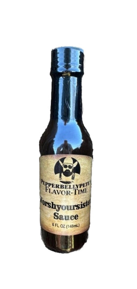 Pepper Belly Pete's Worshyoursister sauce bottle promotes bold flavor for meals at home.