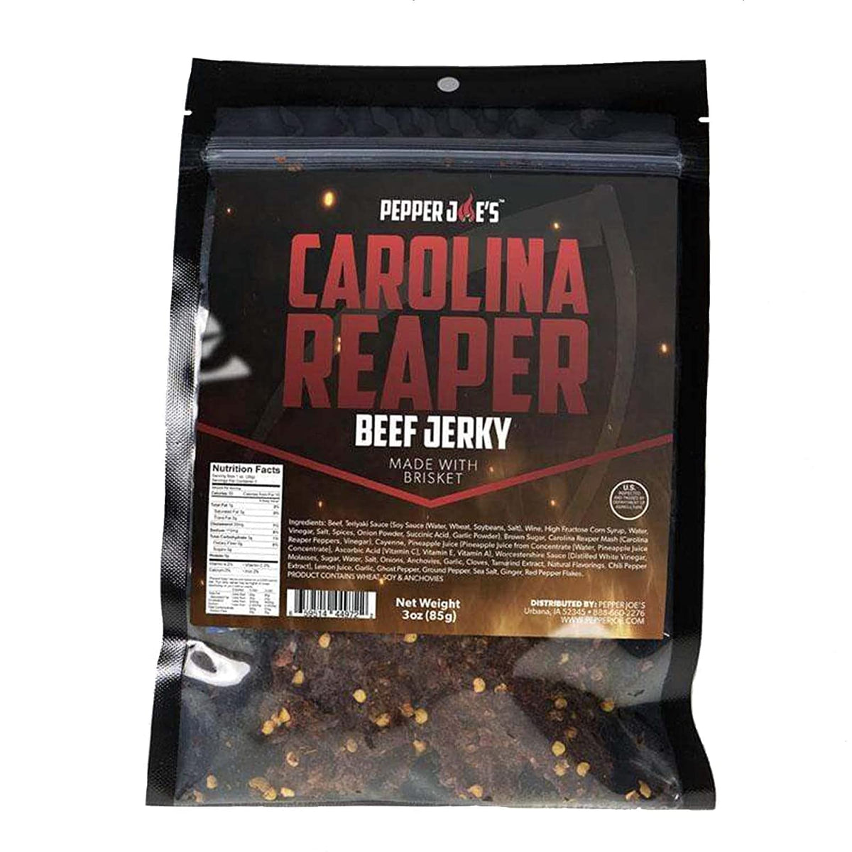 Pepper Joe’s Carolina Reaper beef jerky packshot highlighting bold heat and premium brisket