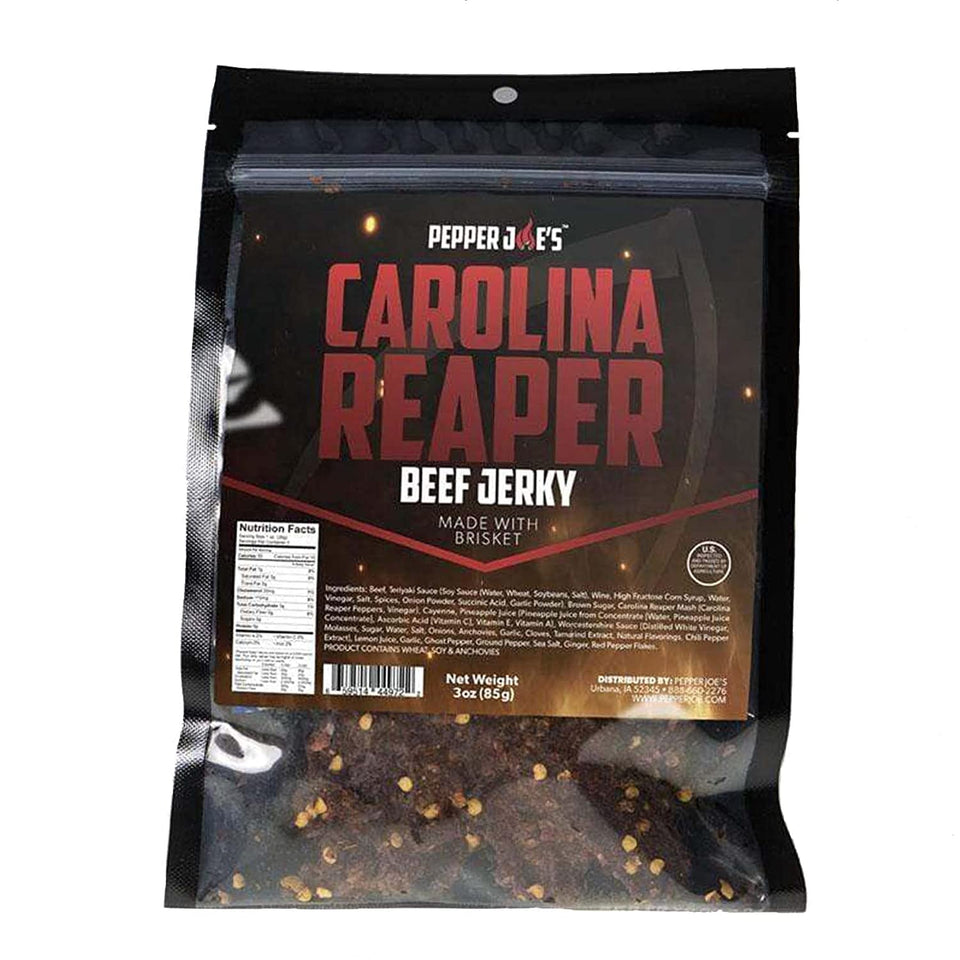 Pepper Joe’s Carolina Reaper beef jerky packshot highlighting bold heat and premium brisket