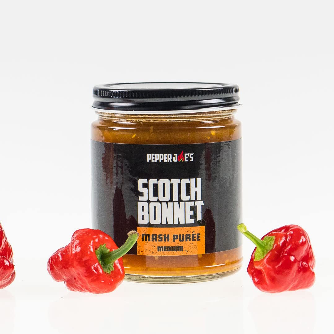 Pepper Joe's Scotch Bonnet Mash 9oz jar on shelf for cooking heat