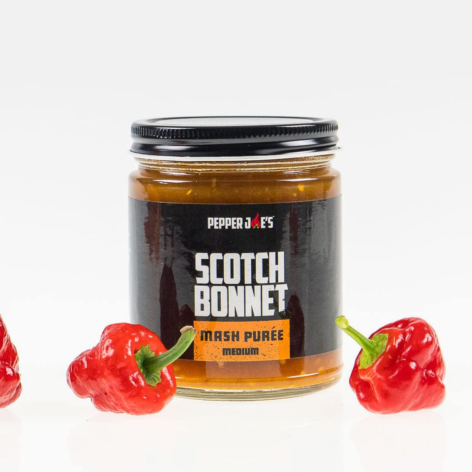 Pepper Joe's Scotch Bonnet Mash 9oz jar on shelf for cooking heat