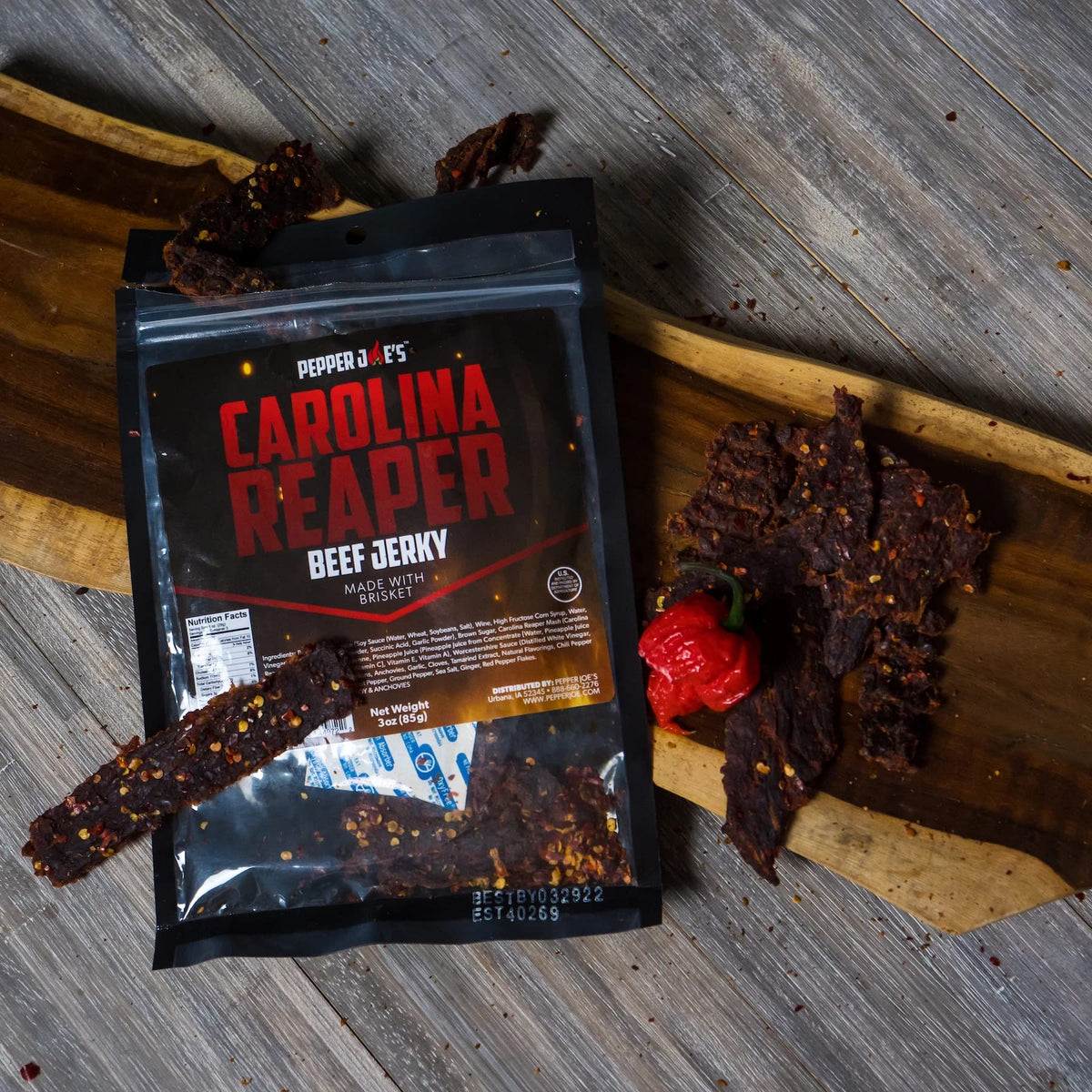 Pepper Joe’s small-batch USA label on jerky bag signaling craft quality