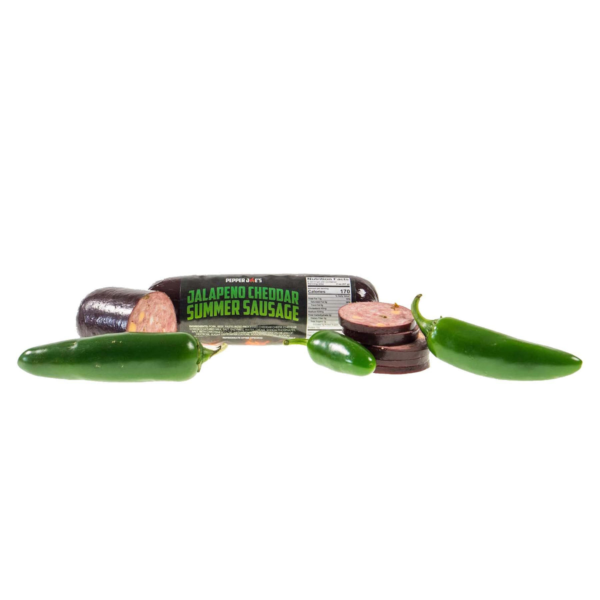Pepper Joe's Jalapeno Cheddar Summer Sausage cheddar-closeup reveals creamy melt hints.