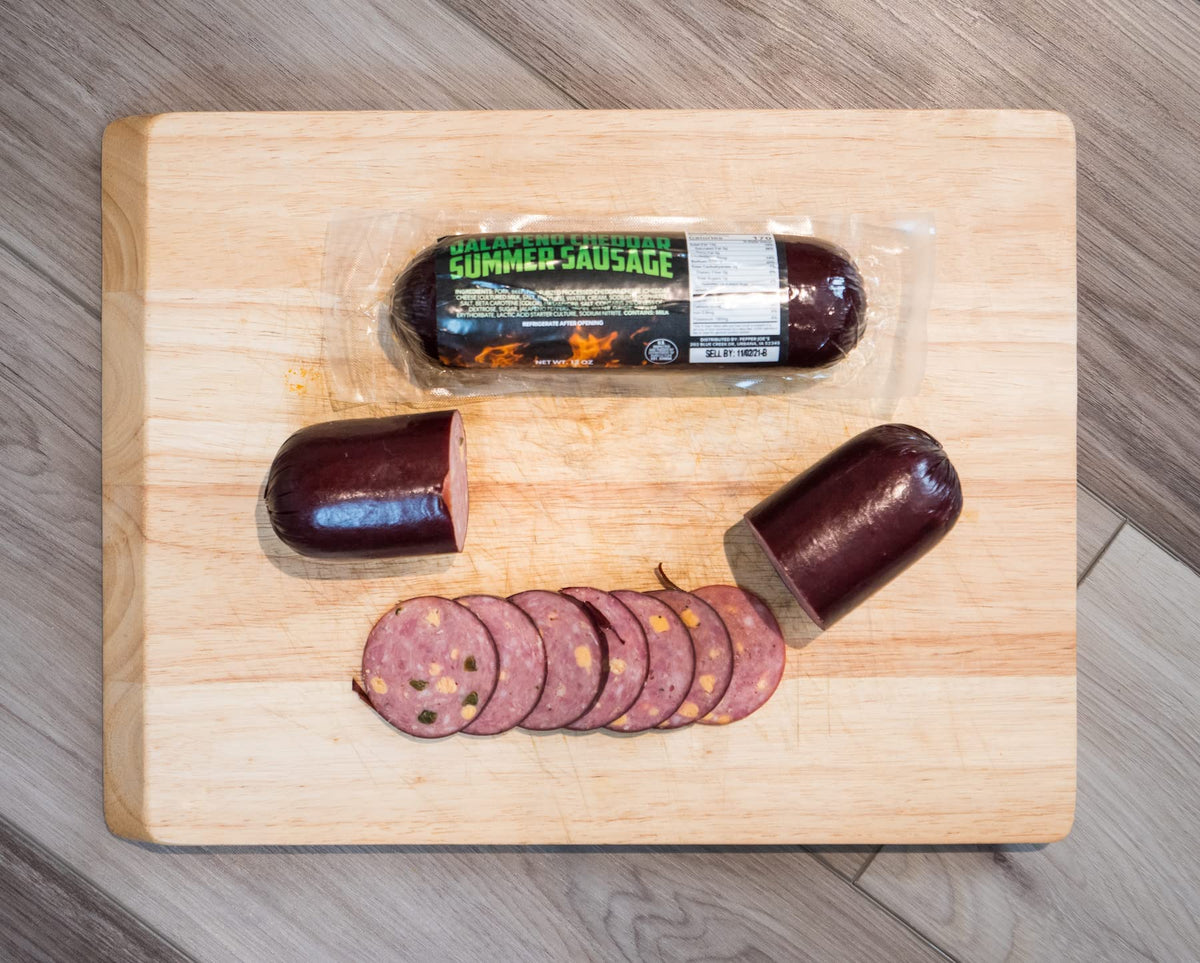 Pepper Joe's Jalapeno Cheddar Summer Sausage serving idea, savory snack option.