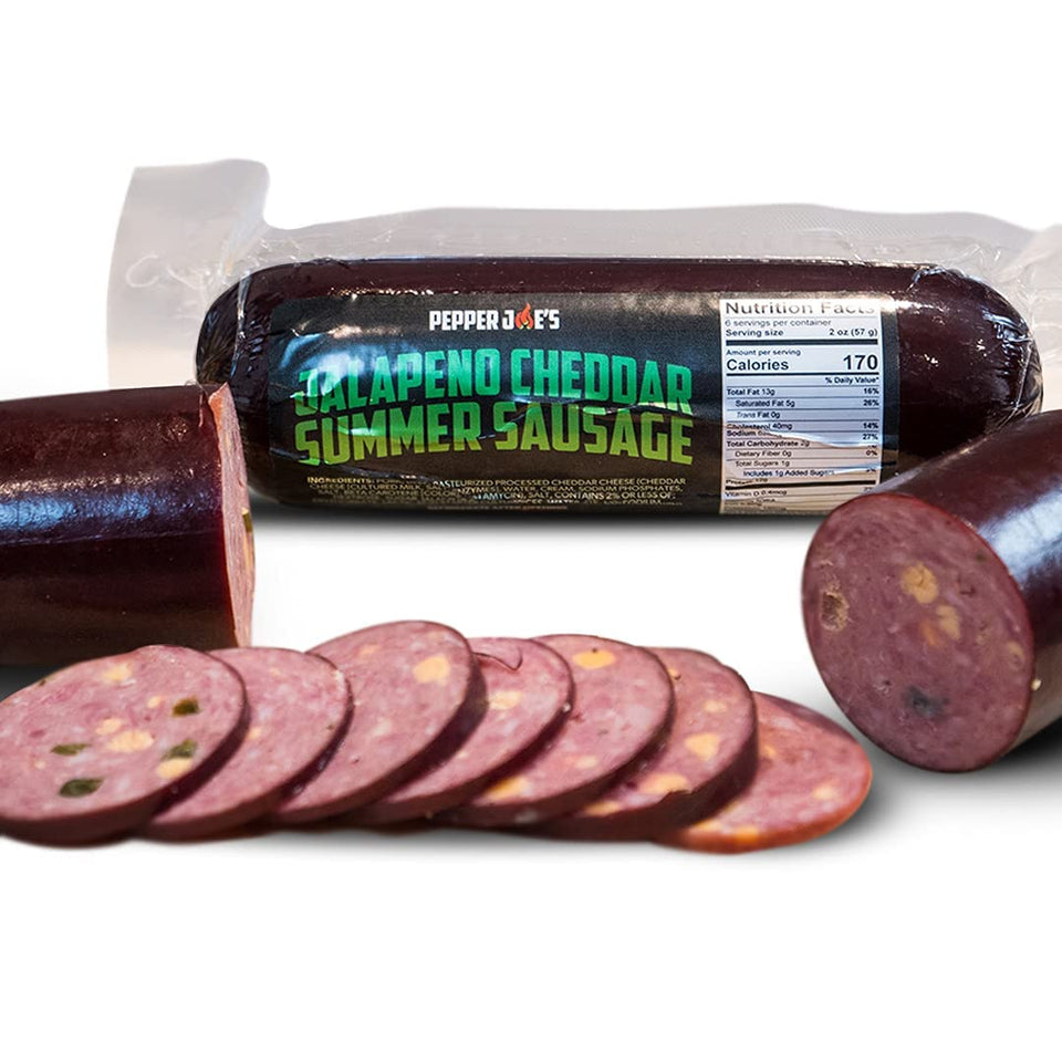 Pepper Joe's Jalapeno Cheddar Summer Sausage sliced for bold bites.