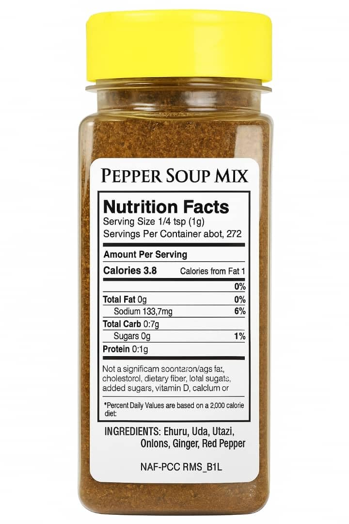 Pepper Soup Seasoning pack shot, highlighting 9.6oz size.