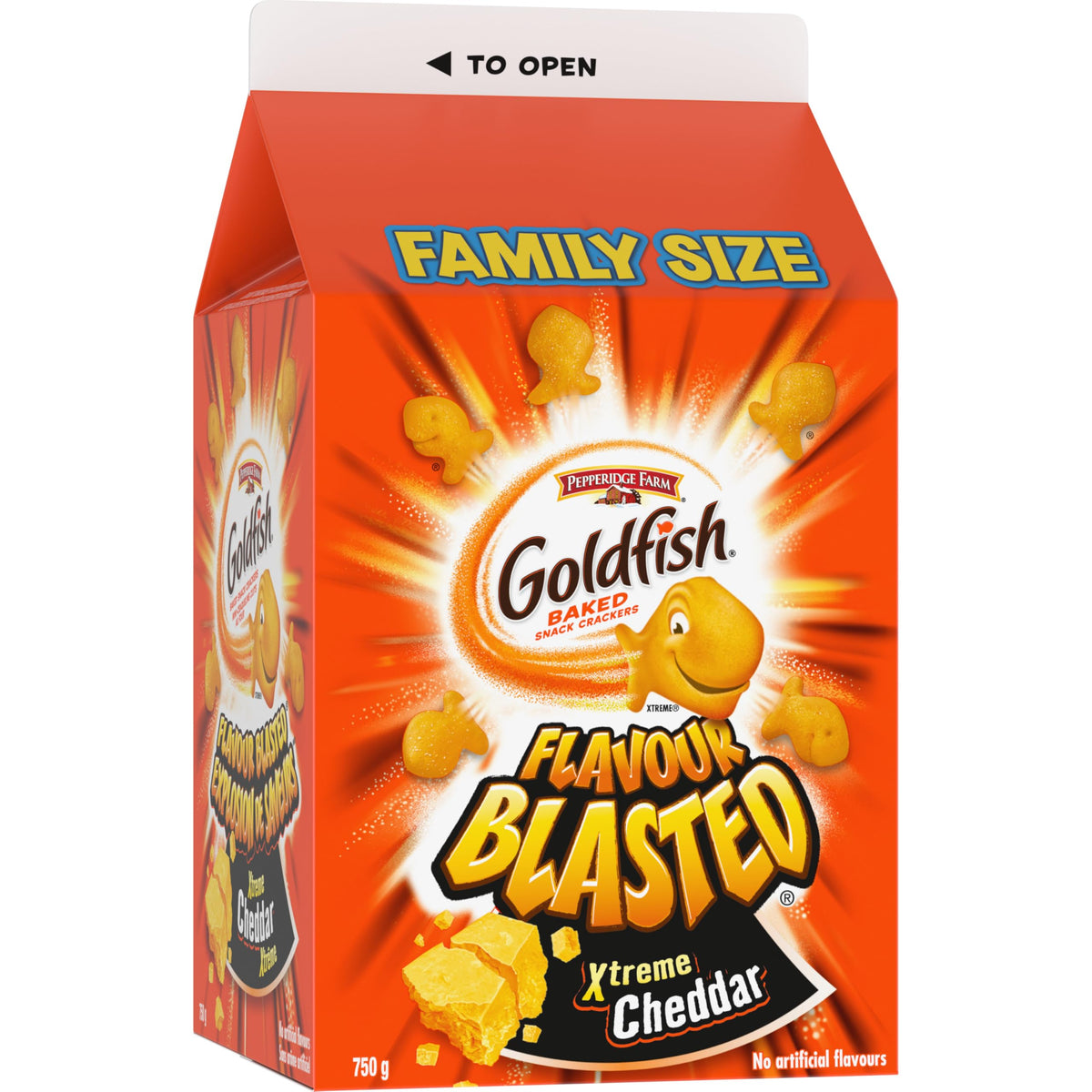 Pepperidge Farm Goldfish Flavour Blasted Xtreme Cheddar crackers texture shows crunchy bite.
