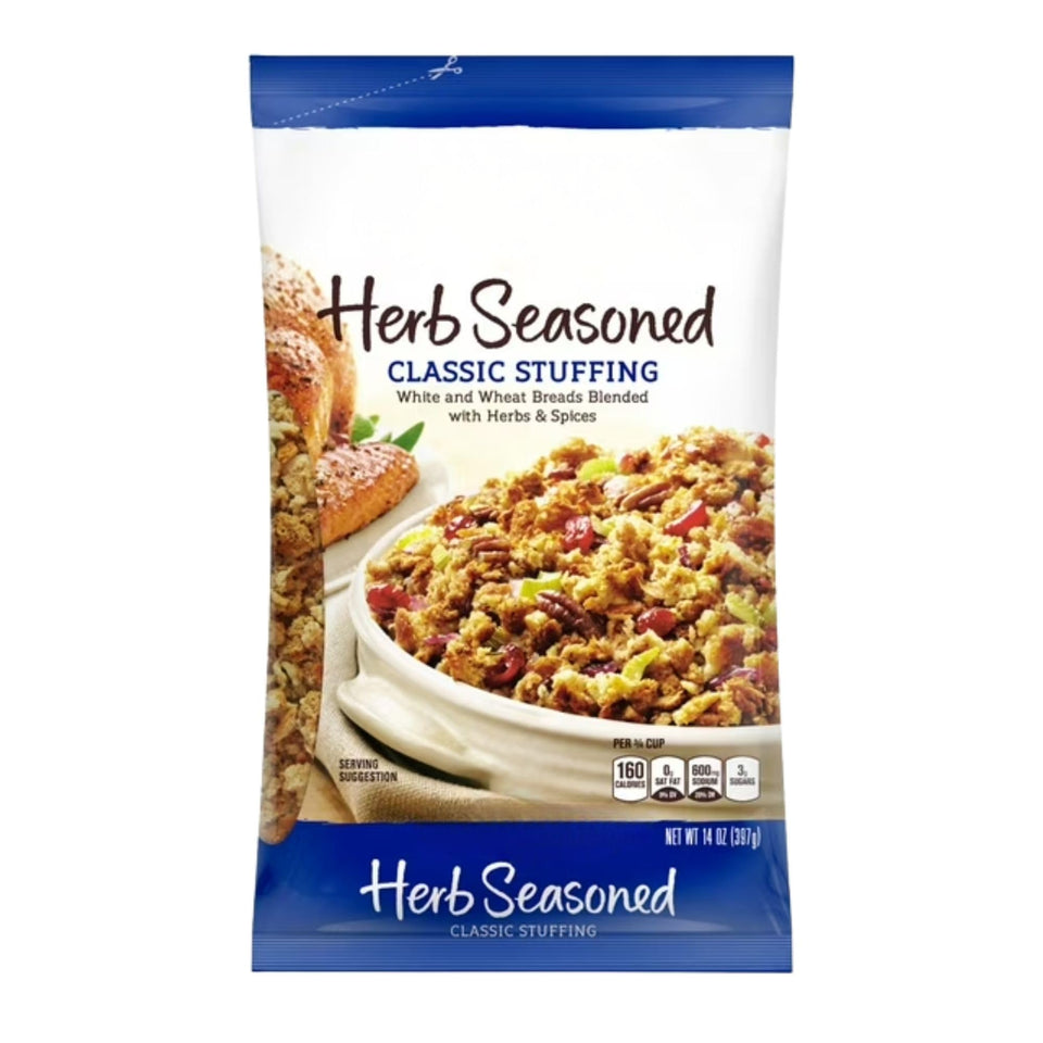 Pepperidge Farm Herb Seasoned Stuffing packaging front for easy pantry storage