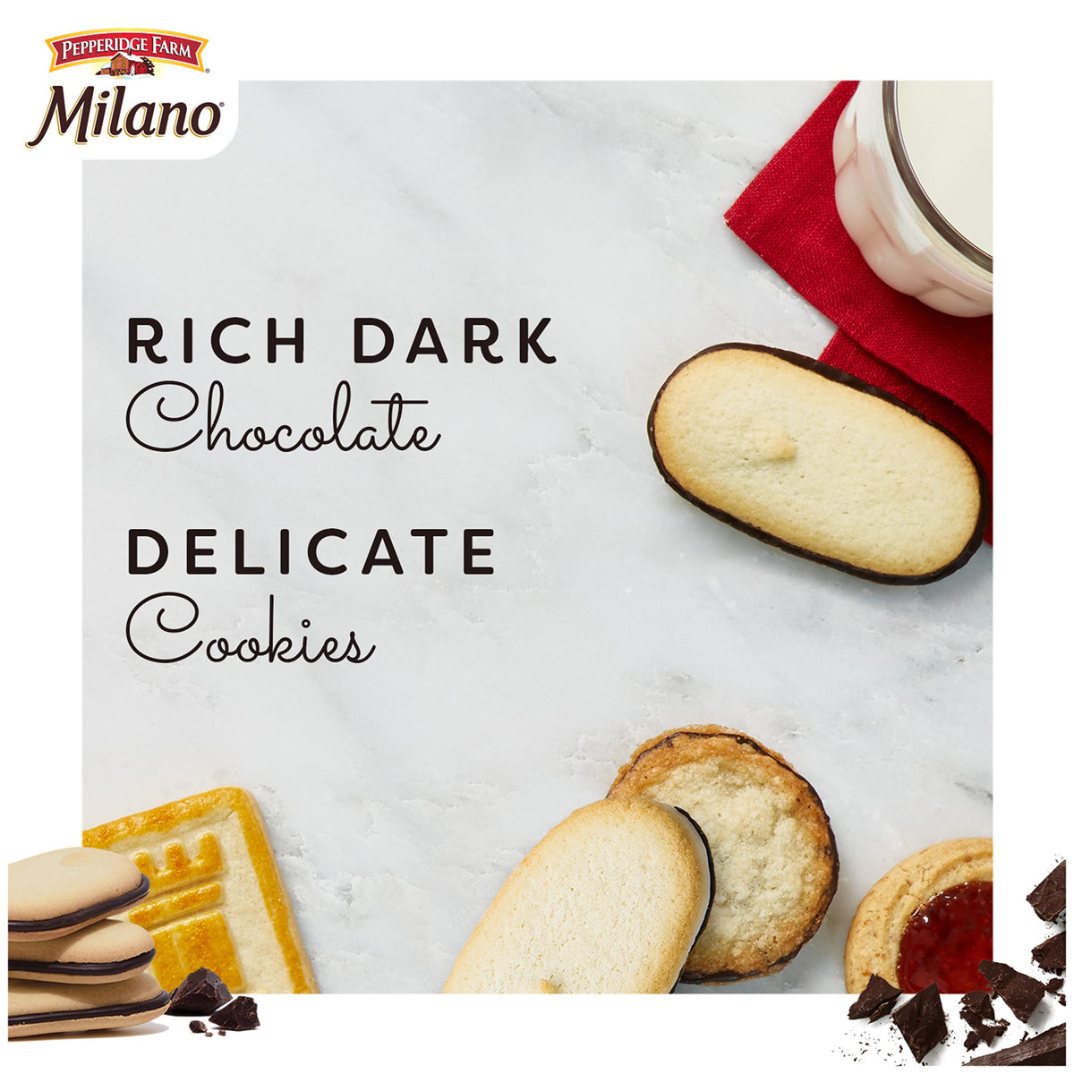 Pepperidge Farm Milano dark chocolate cookie close-up reveals crisp delicate texture